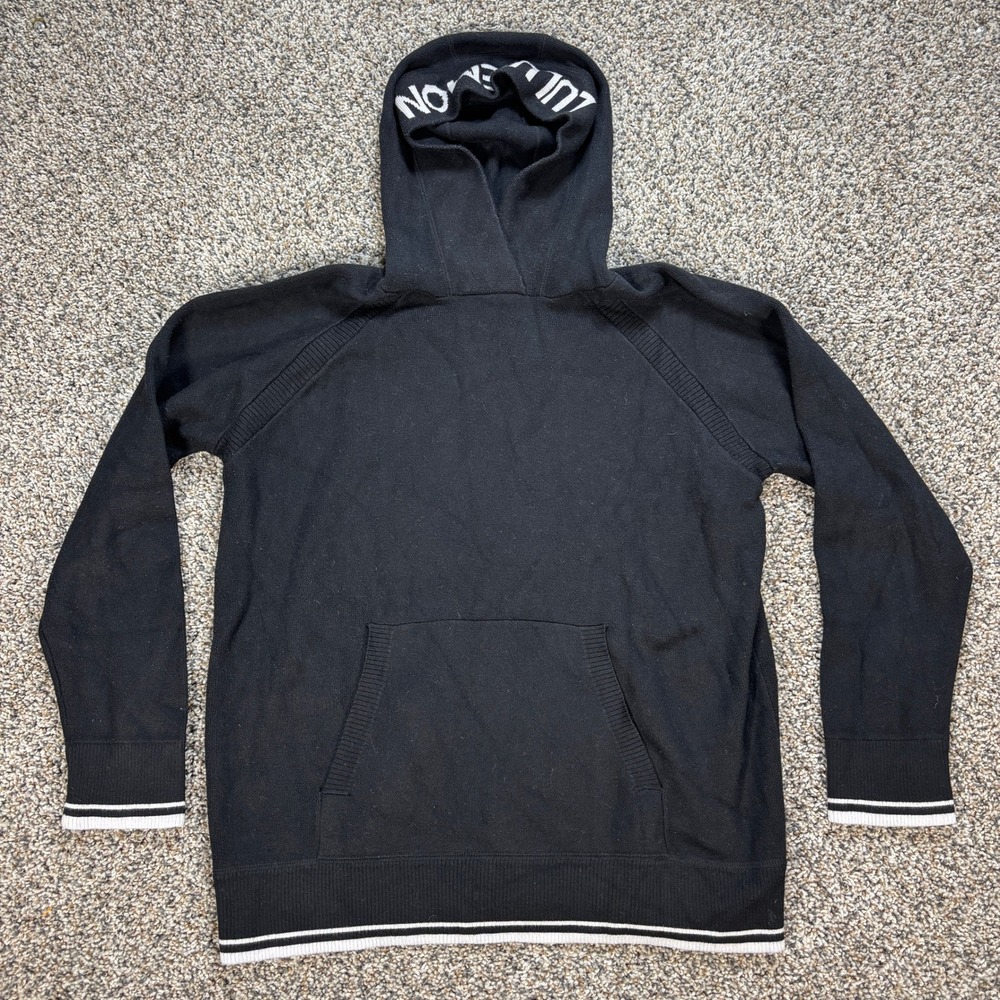 Lululemon Women's 12 Hoodie Black Knit Striped Trim Logo Hood Sweater